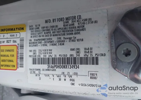 2019 Ford Fusion Se из США, поврежденный, VIN 3FA6P0HD0KR134934